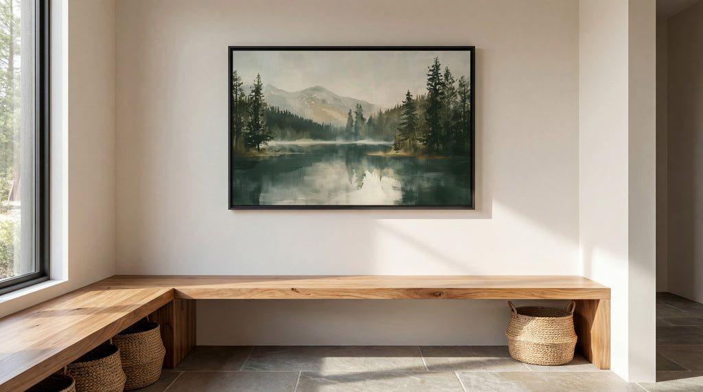 a serene indoor setting with a large painting of a forest landscape hanging on the wall above a wooden bench. The painting depicts a tranquil scene of a lake surrounded by trees, creating a peaceful and natural atmosphere.