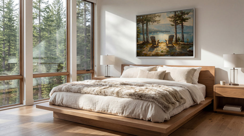 a serene bedroom with a large bed, wooden nightstands, and a painting of a forest scene on the wall. The room has large windows that provide a view of the outdoors, creating a peaceful and natural atmosphere.
