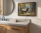 a bathroom with a large mirror, a sink, and a framed painting of a deer in a forest setting.