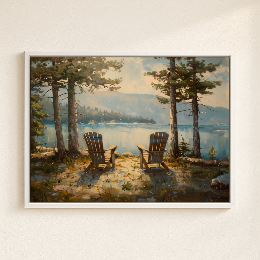 a serene lakeside scene with two wooden Adirondack chairs facing the calm waters, surrounded by lush trees and a picturesque landscape.