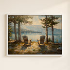 a serene lakeside scene with two wooden Adirondack chairs facing the calm waters, surrounded by lush trees and a picturesque landscape.