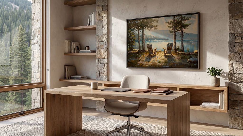a serene and modern workspace with a large window overlooking a scenic lake, a wooden desk with a laptop and books, and a framed landscape painting on the wall.