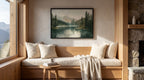 a cozy living room with a large window overlooking a scenic mountain landscape. The room features a wooden bench with plush pillows, a small wooden table with a coffee mug and a book, and a framed painting of a tranquil mountain lake hanging on the wall.
