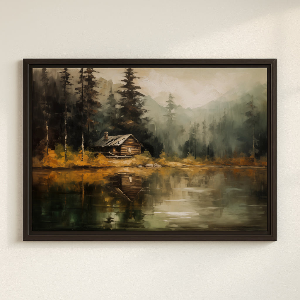 a serene cabin nestled in a forest, with a lake or pond in the foreground reflecting the surrounding trees and mountains.