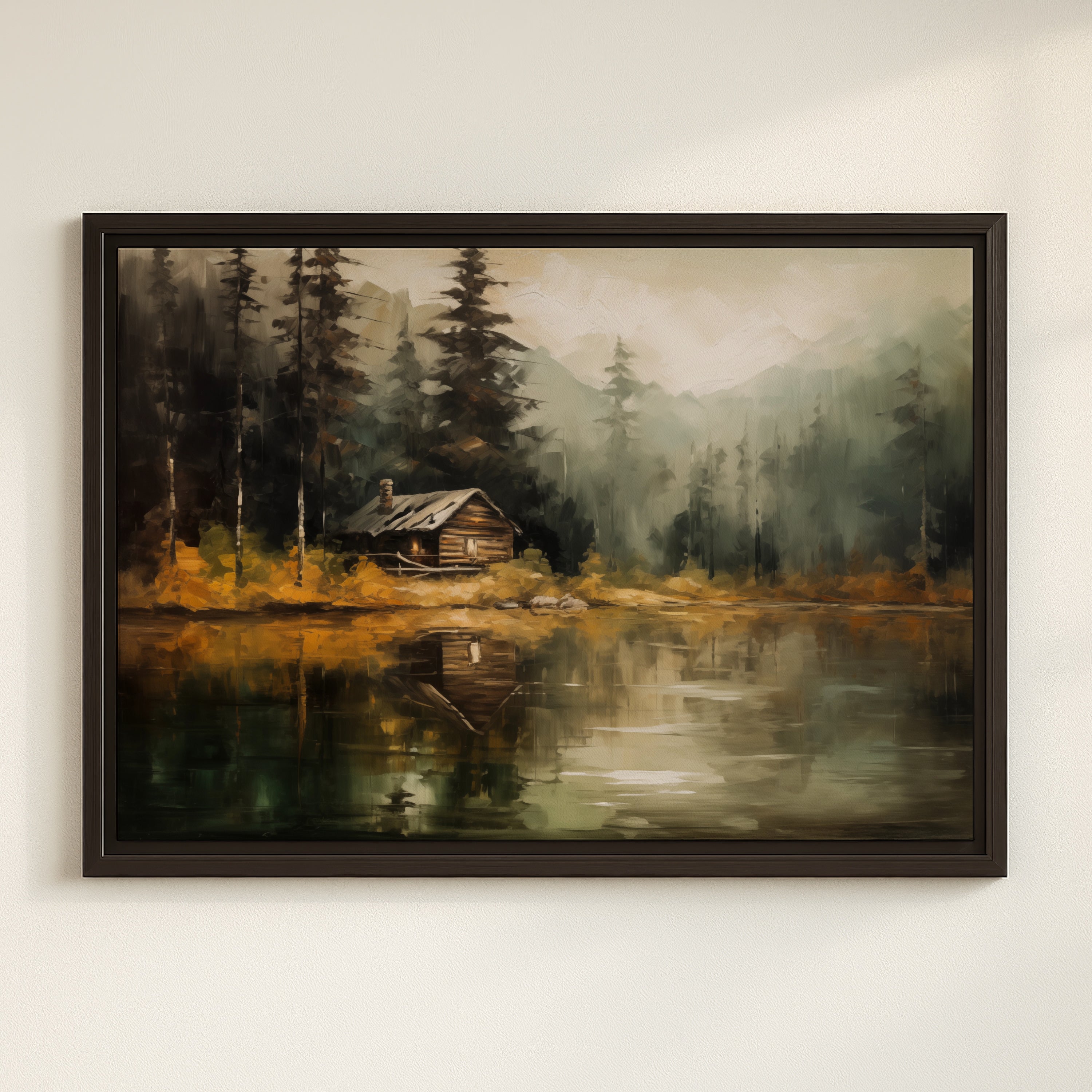 a serene cabin nestled in a forest, with a lake or pond in the foreground reflecting the surrounding trees and mountains.