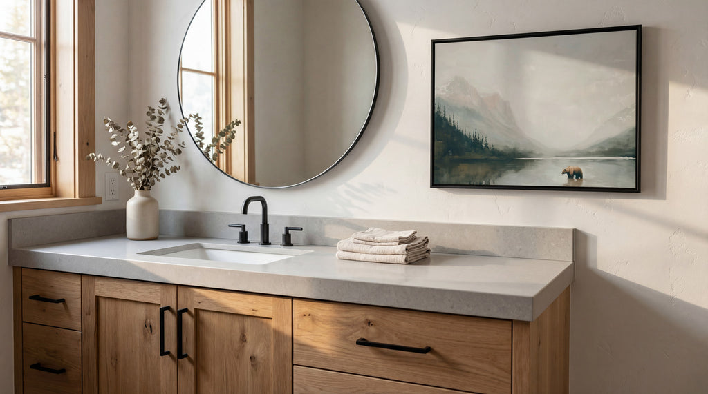 a modern bathroom with a large mirror, a sink, and a framed landscape painting on the wall.