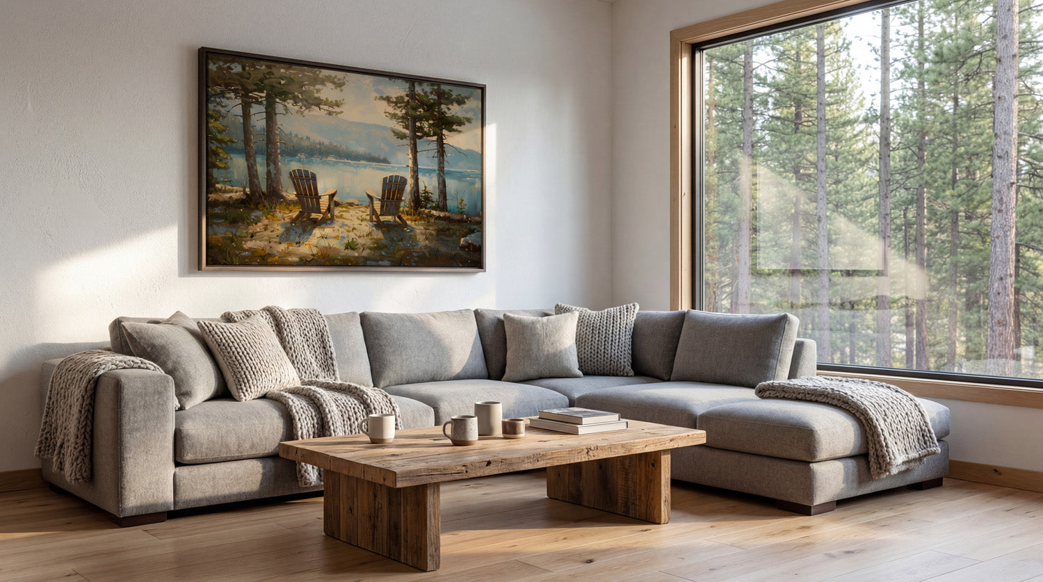 a cozy living room with a large window overlooking a forest, a wooden coffee table, and a comfortable gray sectional sofa.