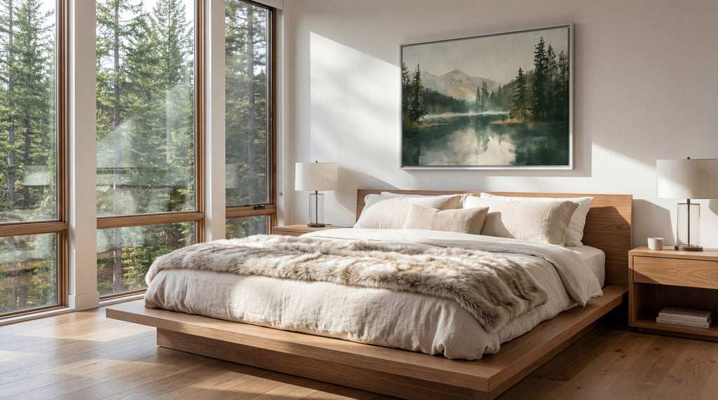 a serene bedroom with a large bed, wooden nightstands, and a painting of a forest landscape on the wall. The room has large windows that provide a view of the surrounding trees, creating a peaceful and natural atmosphere.