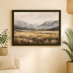 a large landscape painting hanging on a wall, depicting a serene countryside scene with mountains in the background.