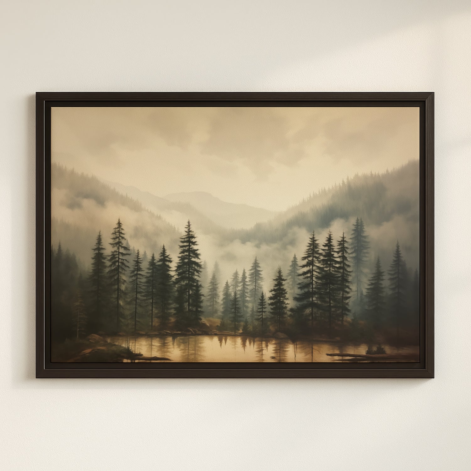 a serene forest landscape with tall pine trees and a calm lake reflecting the misty mountains in the background.