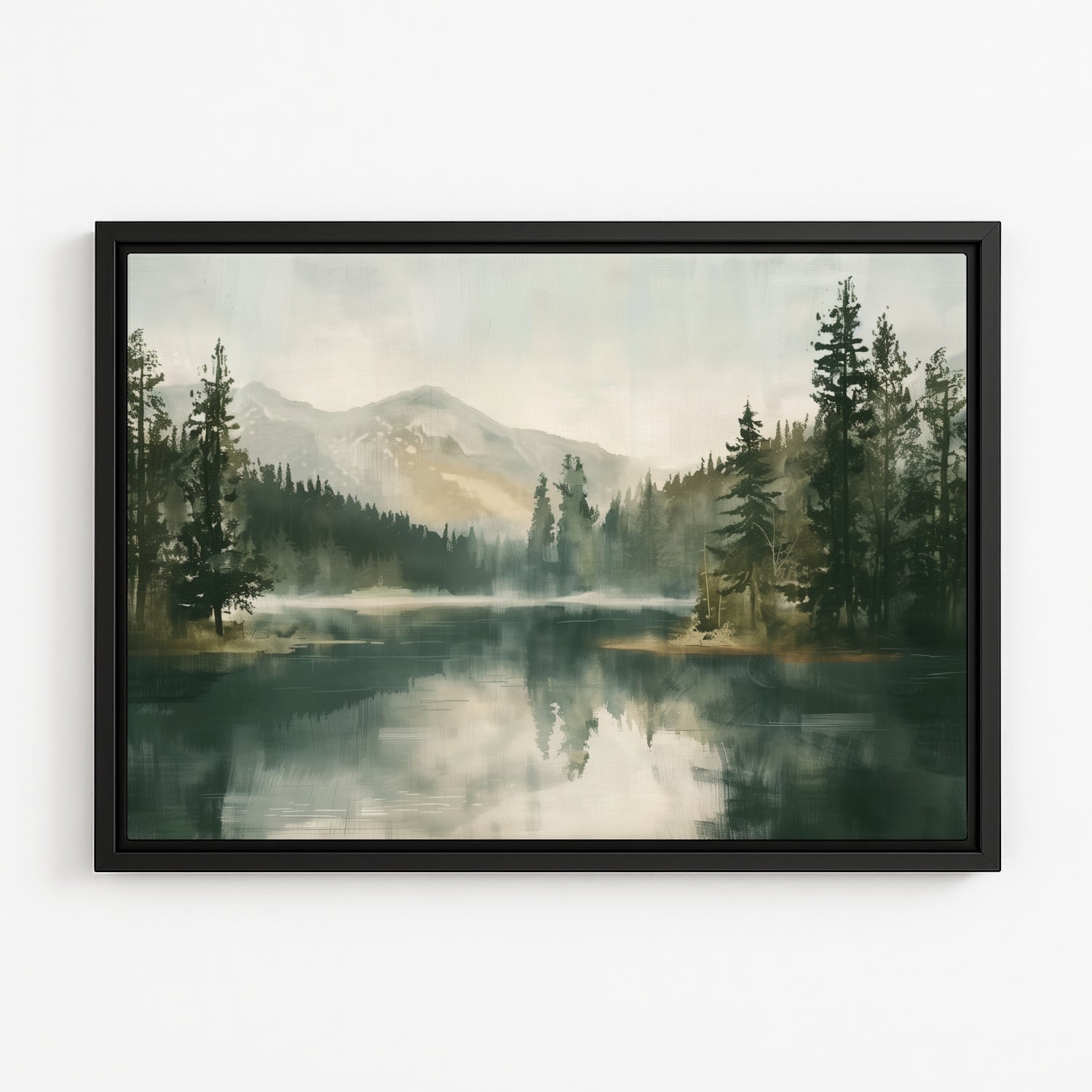 a serene landscape with a calm lake surrounded by a forest of pine trees. The mountains in the background are covered in mist, creating a tranquil and picturesque scene.