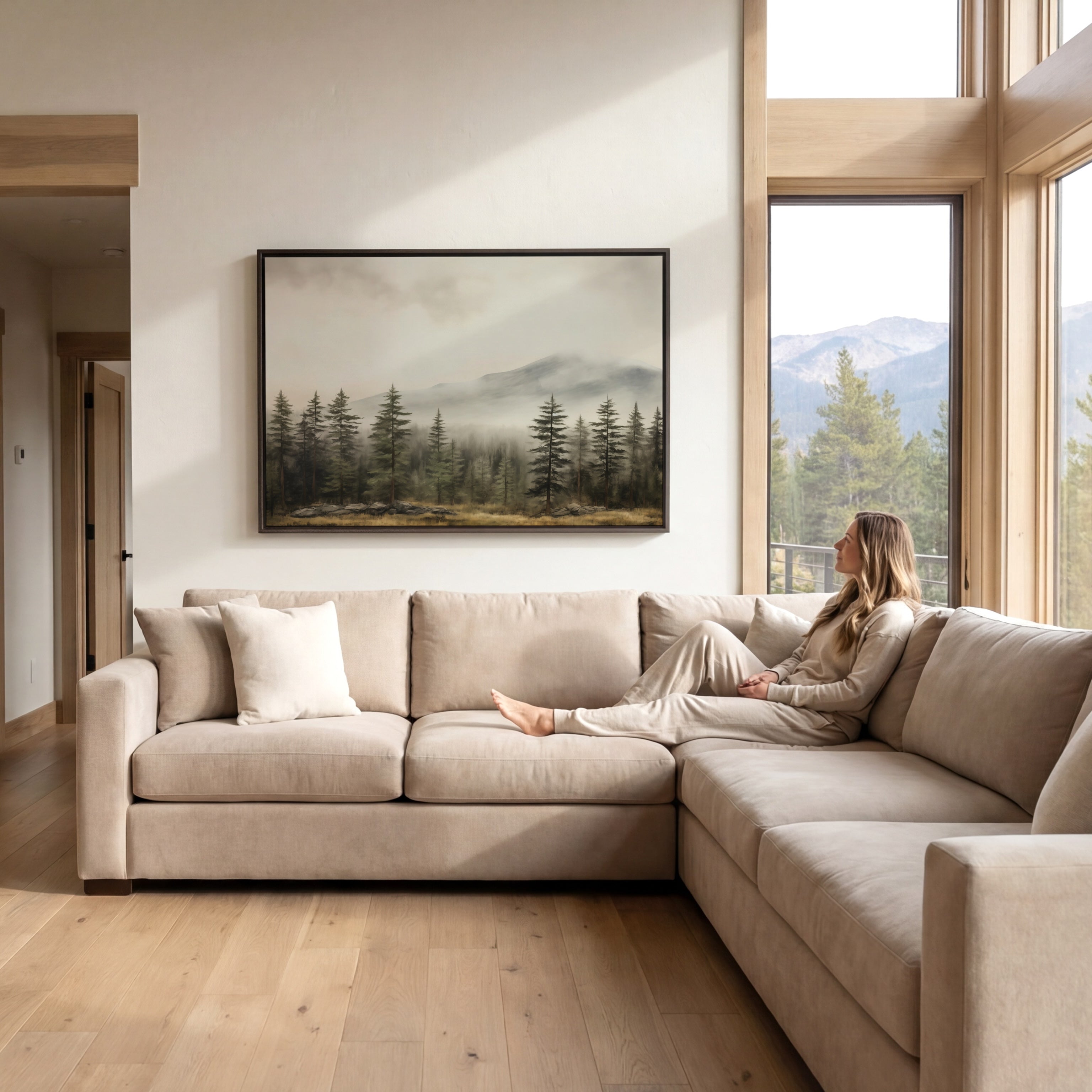 A woman sits on a beige sectional sofa in a spacious living room, gazing out a large window overlooking a forested mountain landscape.