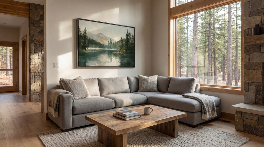 a cozy living room with a large window overlooking a forest, a wooden coffee table, a gray sectional sofa, and a painting of a forest landscape on the wall.
