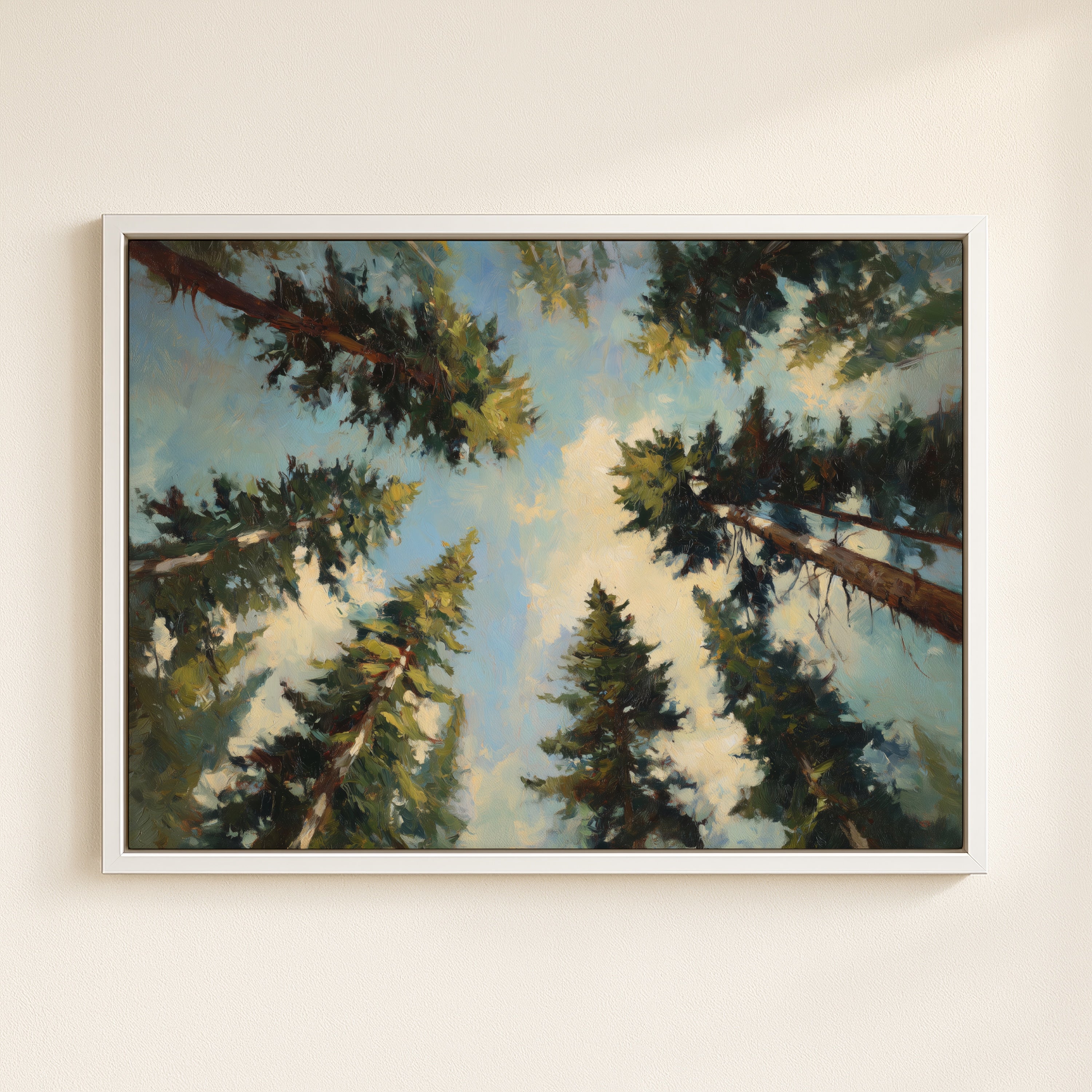The image is a painting of a forest with tall trees reaching up towards a blue sky.