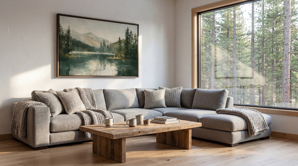 a cozy living room with a large window overlooking a forest, allowing natural light to fill the space. The room features a gray sectional sofa, a wooden coffee table, and a framed landscape painting on the wall.