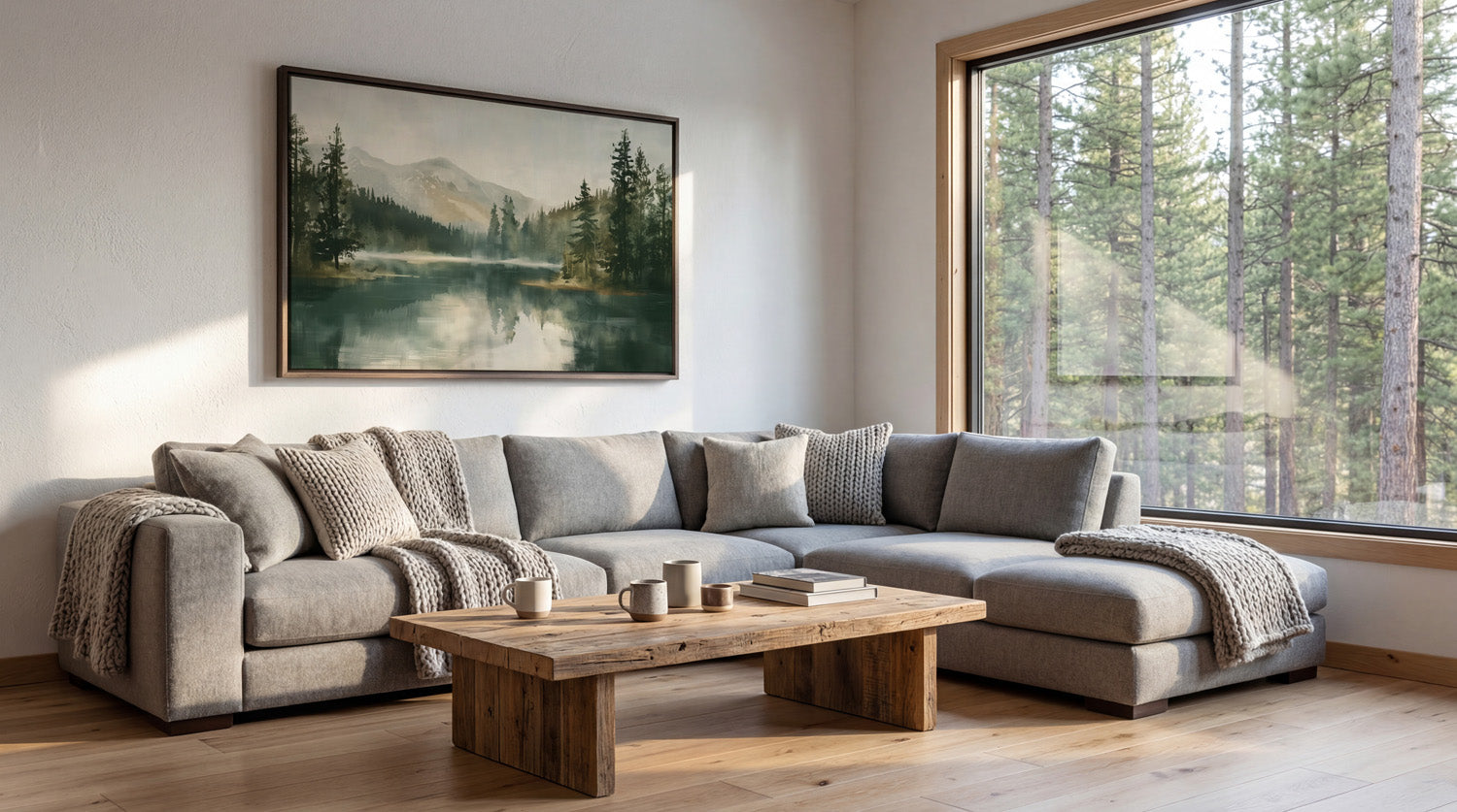a cozy living room with a large window overlooking a forest, allowing natural light to fill the space. The room features a gray sectional sofa, a wooden coffee table, and a framed landscape painting on the wall.