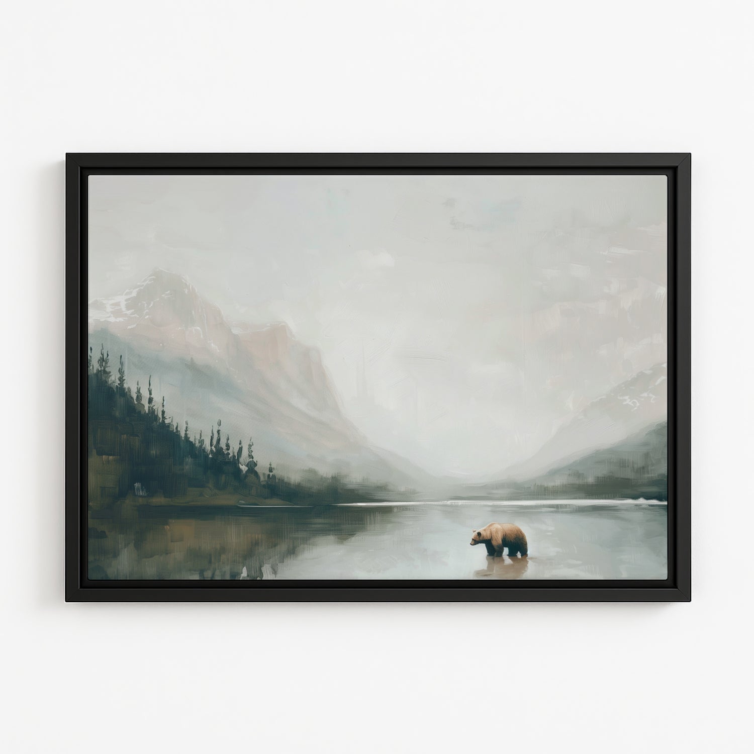 A lone brown bear stands in a serene lake, surrounded by a misty mountain landscape.