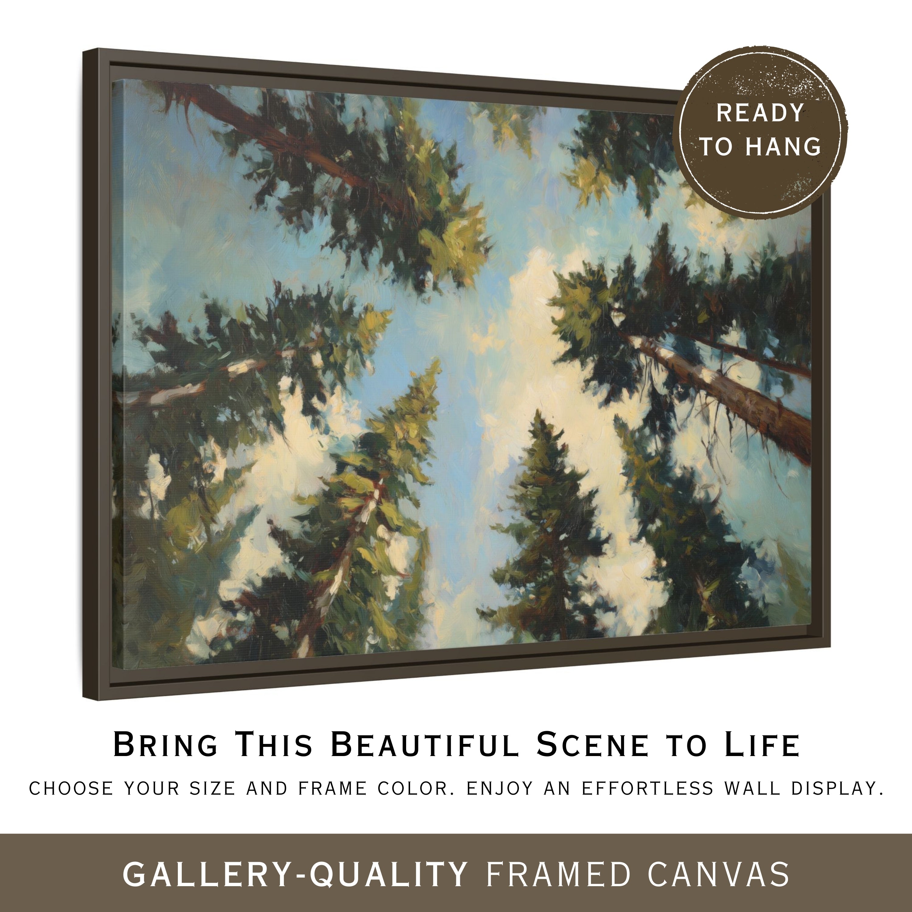 The image is a framed canvas depicting a beautiful scene of tall trees against a blue sky.