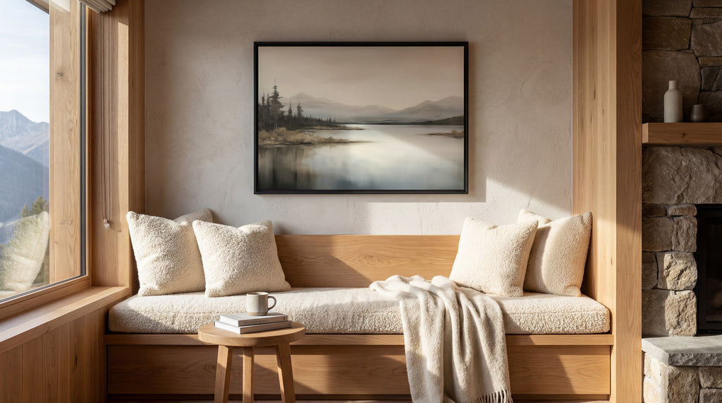 a cozy living room with a large window overlooking a scenic mountain landscape. The room features a wooden bench with plush pillows, a small wooden table with a coffee mug and a book, and a framed landscape painting on the wall.