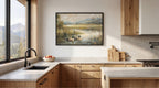 a modern kitchen with a large window overlooking a scenic landscape, featuring a painting of ducks in a pond. The kitchen is equipped with wooden cabinets and a white countertop, and includes a sink, stove, and various kitchen accessories.