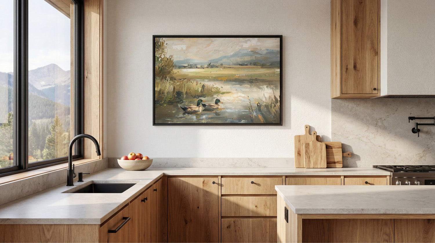 a modern kitchen with a large window overlooking a scenic landscape, featuring a painting of ducks in a pond. The kitchen is equipped with wooden cabinets and a white countertop, and includes a sink, stove, and various kitchen accessories.