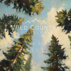 The image is an oil painting depicting a landscape with pine trees and a mountain range in the background.