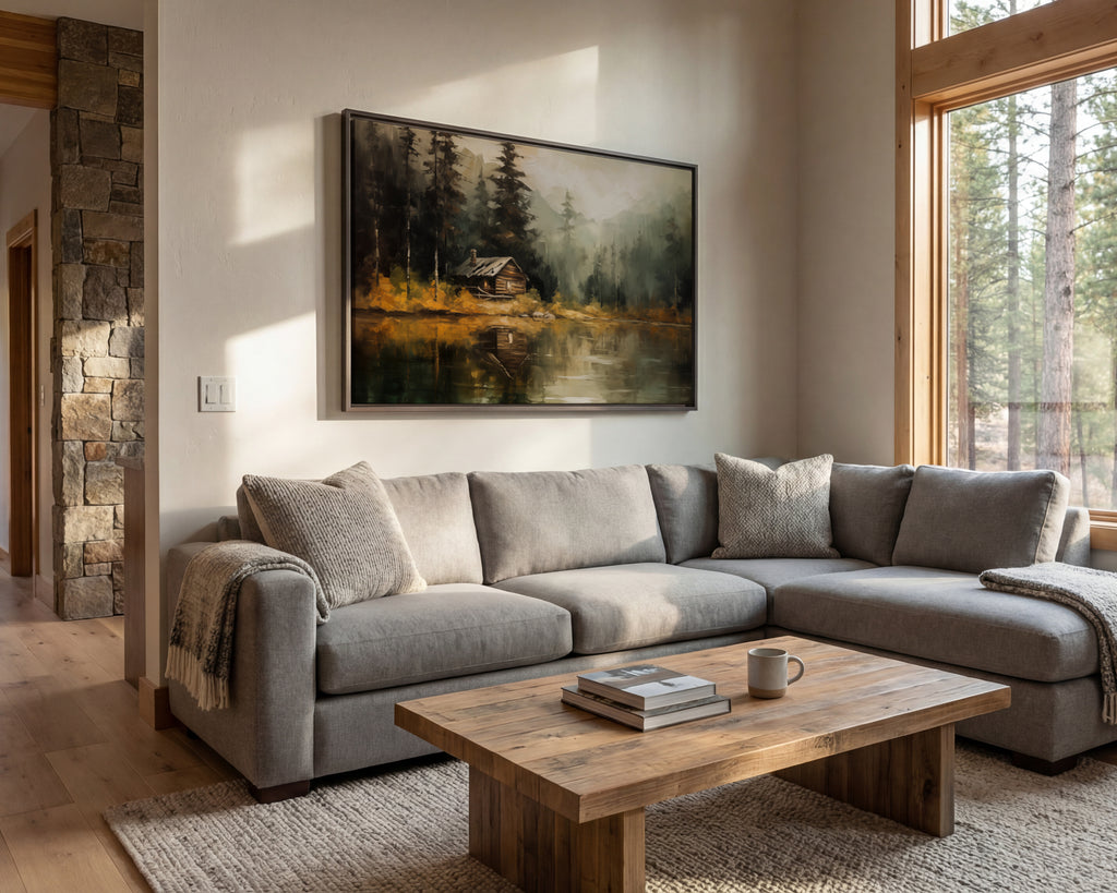 a cozy living room with a large window overlooking a forest, a wooden coffee table, a gray sectional sofa, and a framed landscape painting on the wall.