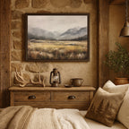 a rustic bedroom with a wooden bed frame, a framed landscape painting on the wall, and a lantern on the dresser.
