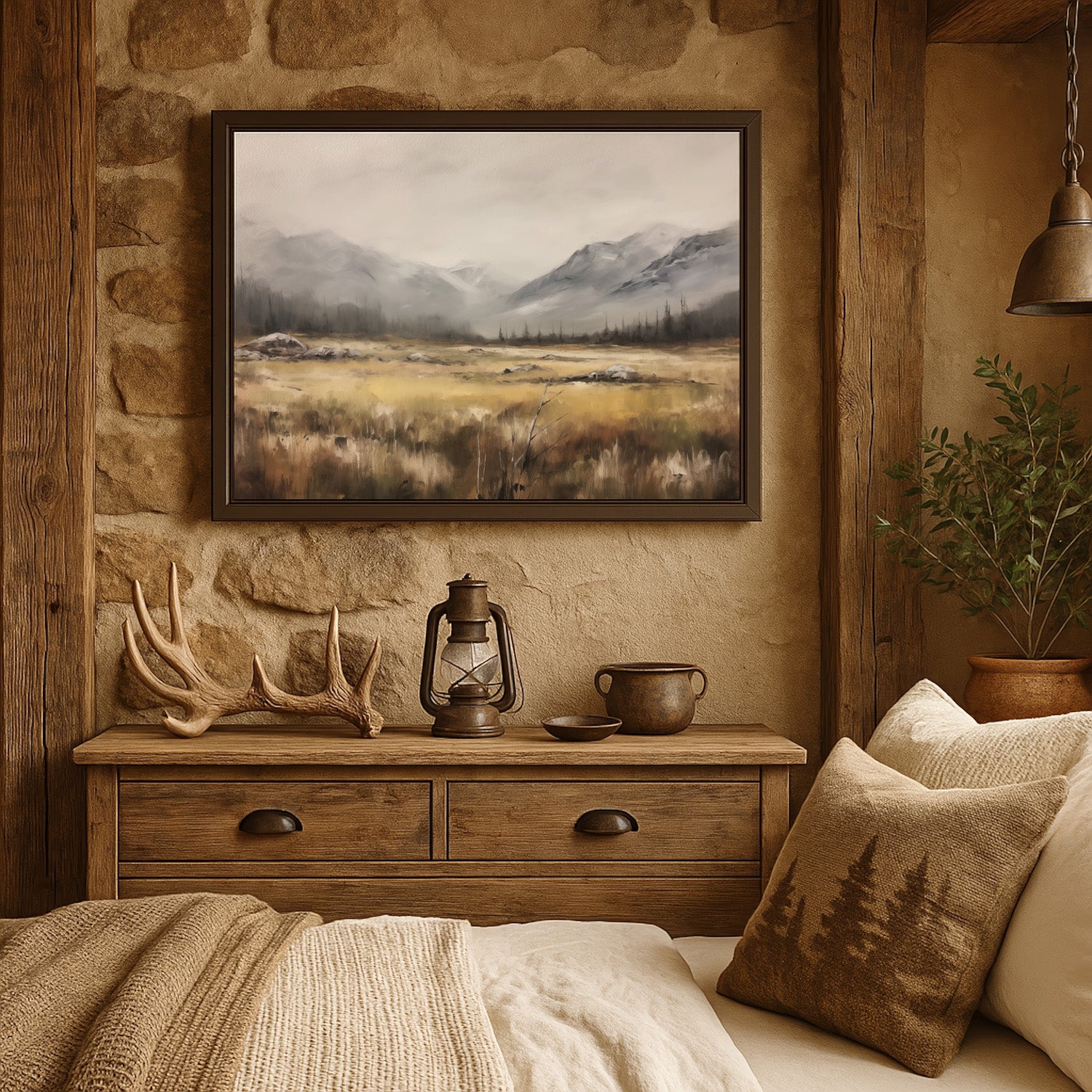 a rustic bedroom with a wooden bed frame, a framed landscape painting on the wall, and a lantern on the dresser.