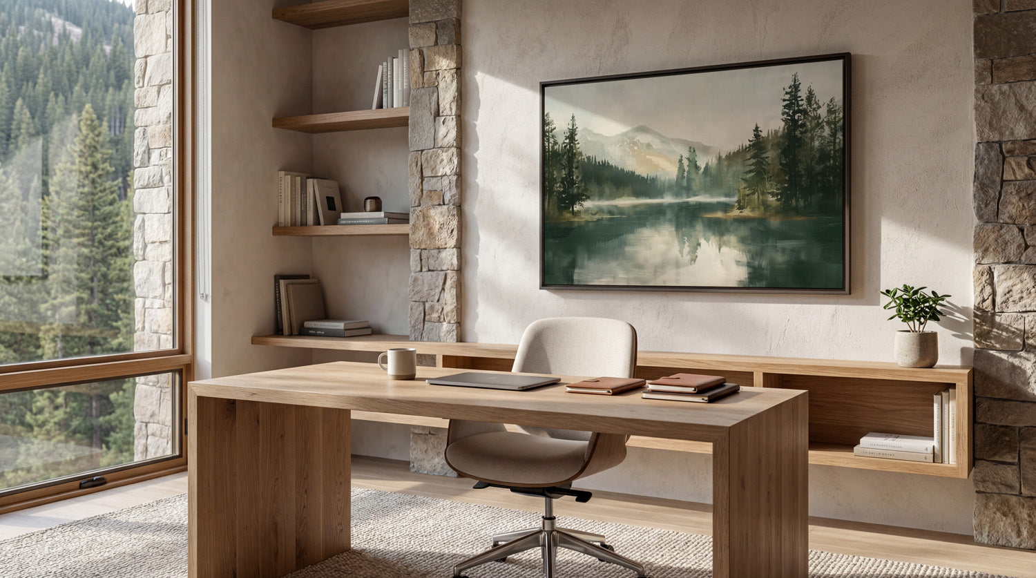 a serene workspace with a large window overlooking a scenic mountain landscape. The room is furnished with a wooden desk, a comfortable chair, and a bookshelf filled with books. A framed landscape painting hangs on the wall, adding a touch of nature to the room. The overall atmosphere is calm and inviting, with the natural elements complementing the modern design of the space.
