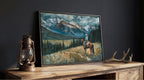 a painting of a cowboy riding a horse in a mountainous landscape, with a lantern and antlers on a wooden table in the foreground.
