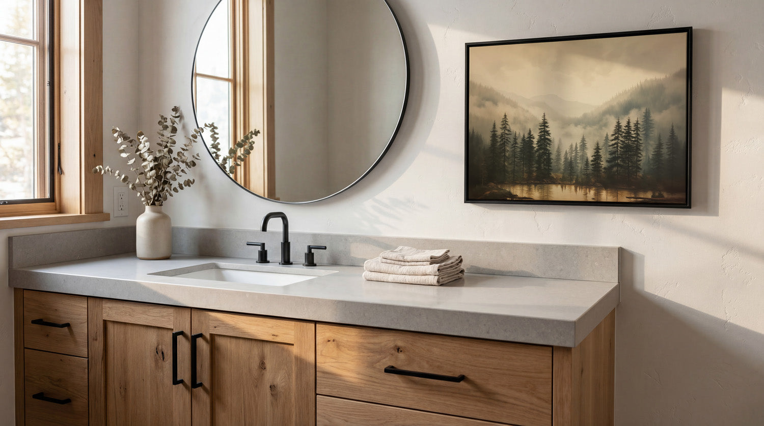 a modern bathroom with a large mirror, a wooden vanity, and a framed landscape painting on the wall.