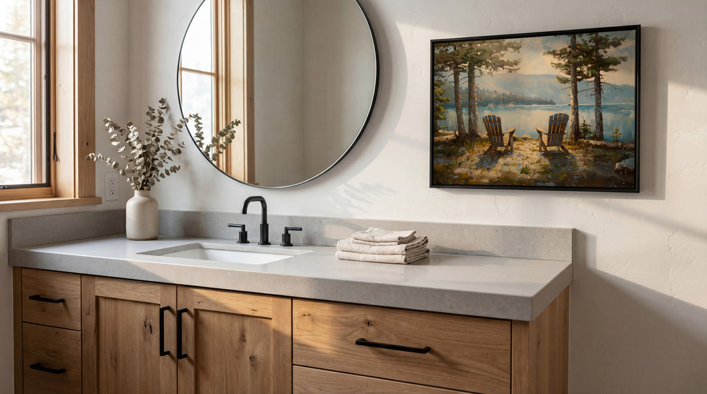a bathroom with a large mirror, a sink, and a framed landscape painting on the wall.