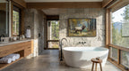 a spacious bathroom with a large white freestanding bathtub, a wooden vanity, and a stone wall with a painting of a deer. The room is illuminated by natural light from the large windows, creating a serene and tranquil atmosphere.