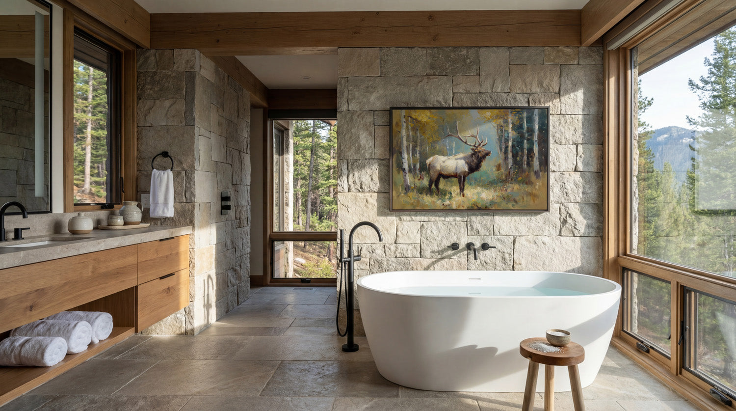 a spacious bathroom with a large white freestanding bathtub, a wooden vanity, and a stone wall with a painting of a deer. The room is illuminated by natural light from the large windows, creating a serene and tranquil atmosphere.