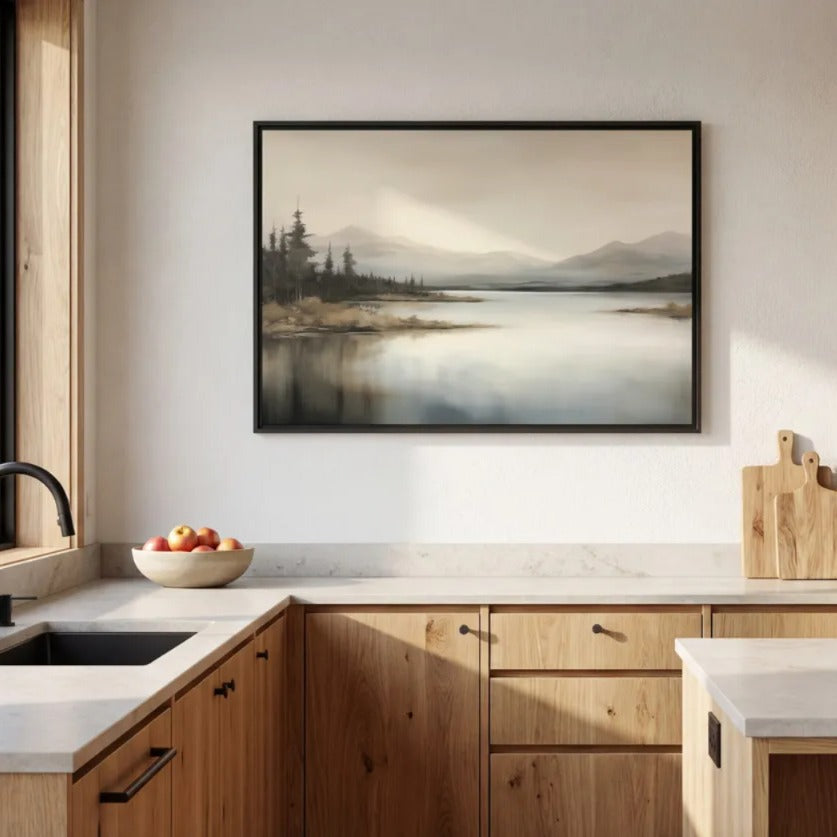 a modern kitchen with a large window overlooking a scenic mountain landscape. The kitchen features wooden cabinets, a black faucet, and a framed landscape painting on the wall.