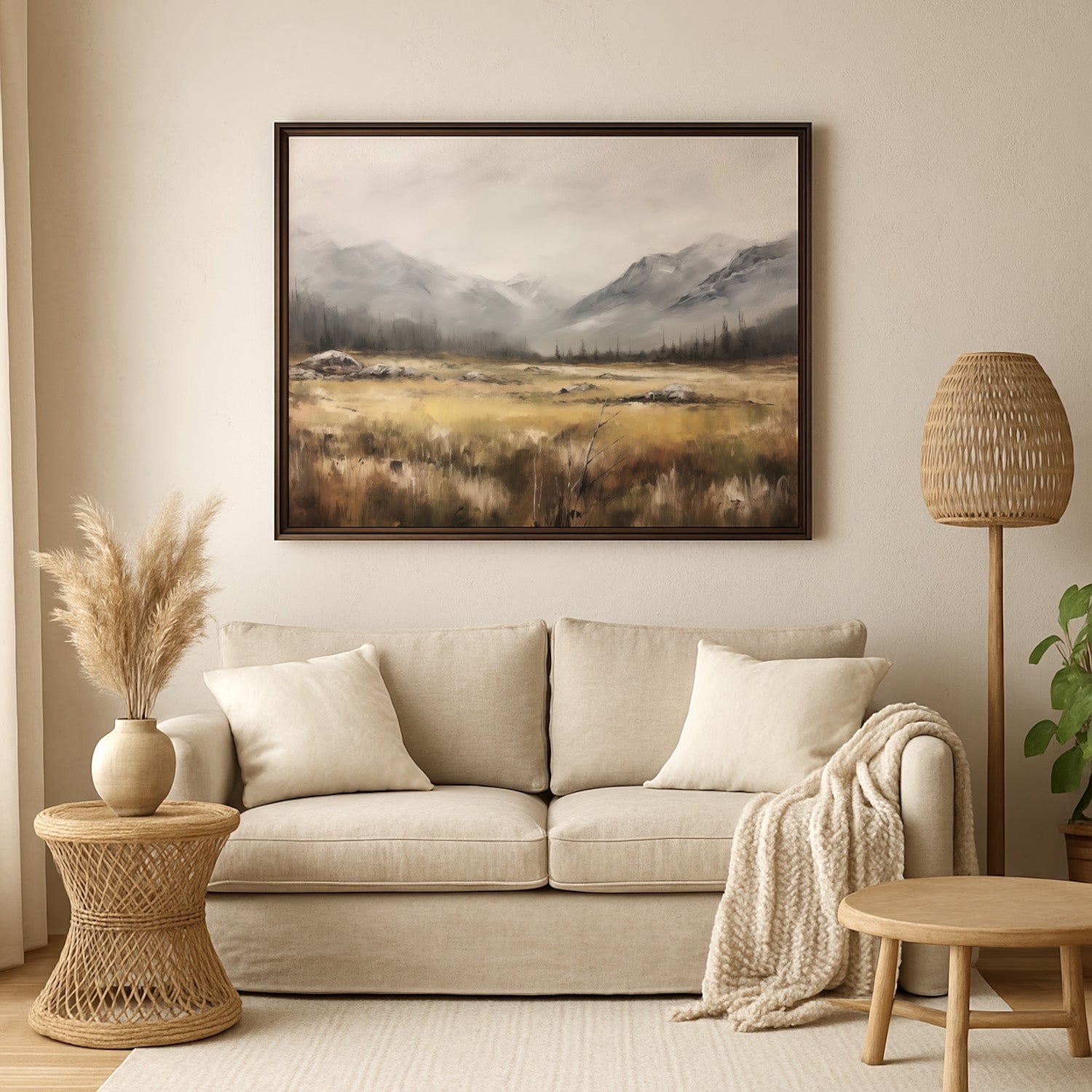 a cozy living room with a beige sofa, a woven side table, and a large landscape painting hanging on the wall above the sofa.