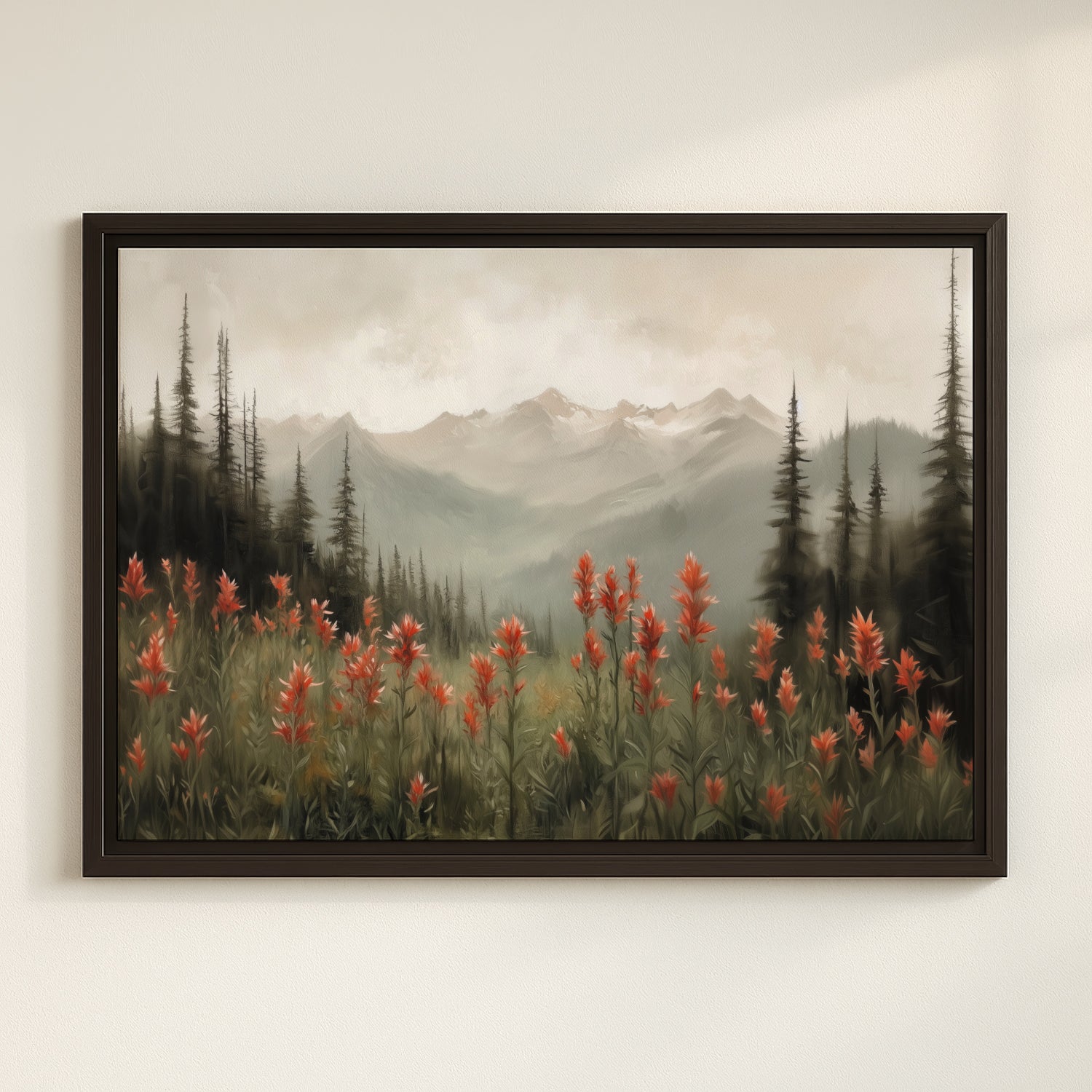 A framed painting depicting a serene mountain landscape with a field of red flowers in the foreground.