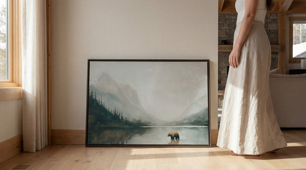 A woman in a long skirt stands next to a framed painting depicting a serene landscape with a bear in the foreground.