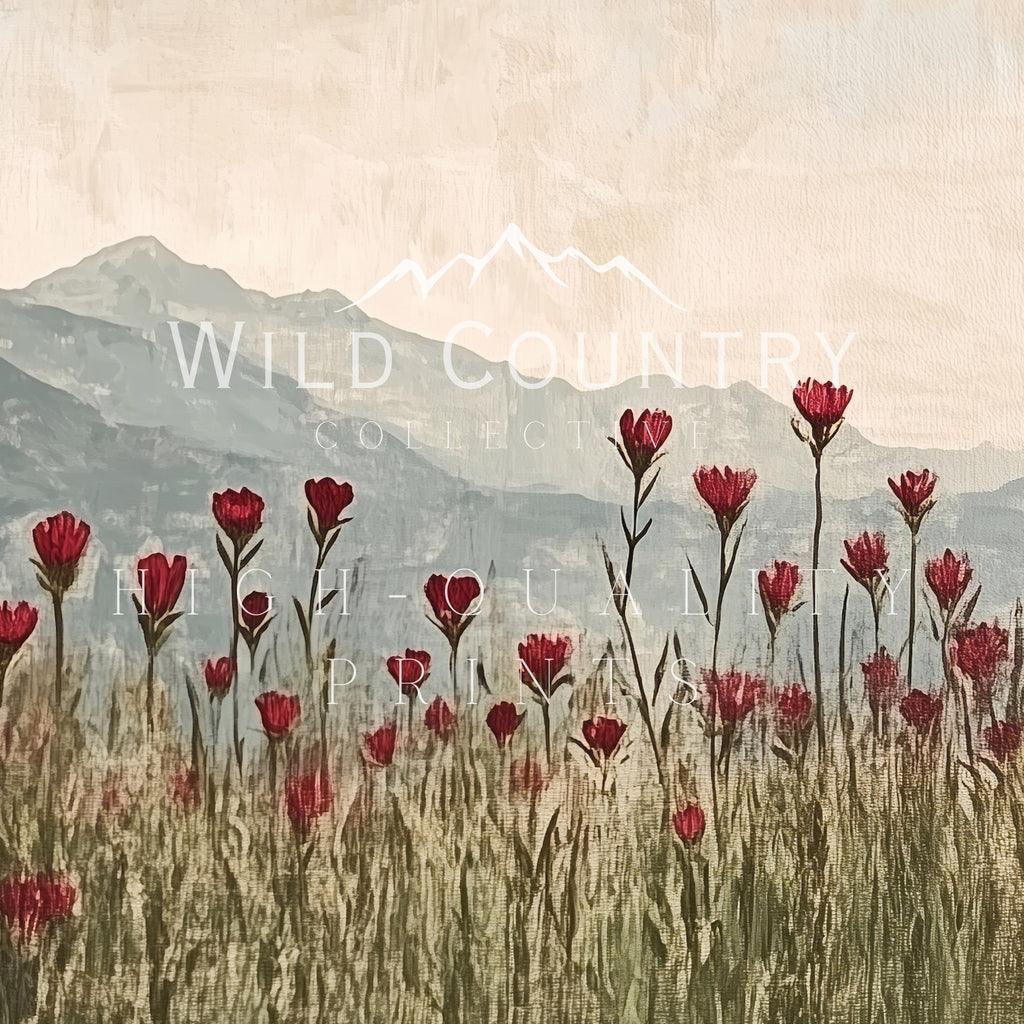 a field of red flowers in the foreground, with a mountain range in the background.
