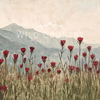 a field of red flowers in the foreground, with a mountain range in the background.