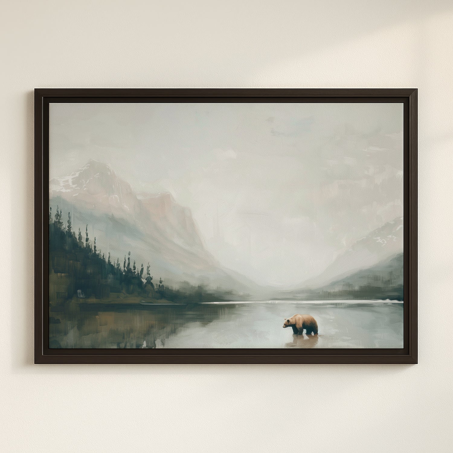 A painting of a bear standing in a lake surrounded by mountains and trees.