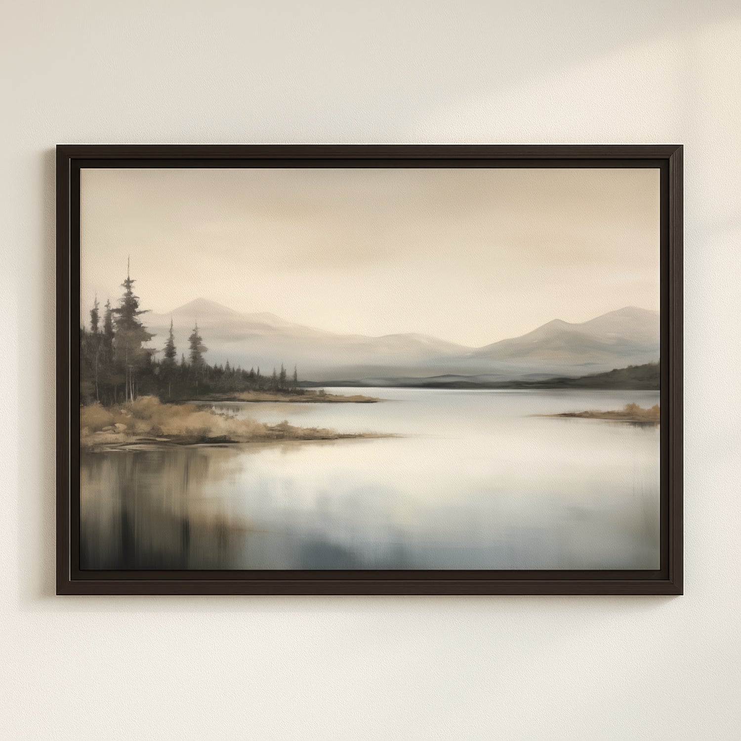 The image is a framed landscape painting depicting a serene scene of a lake surrounded by mountains, with a forested area in the foreground.