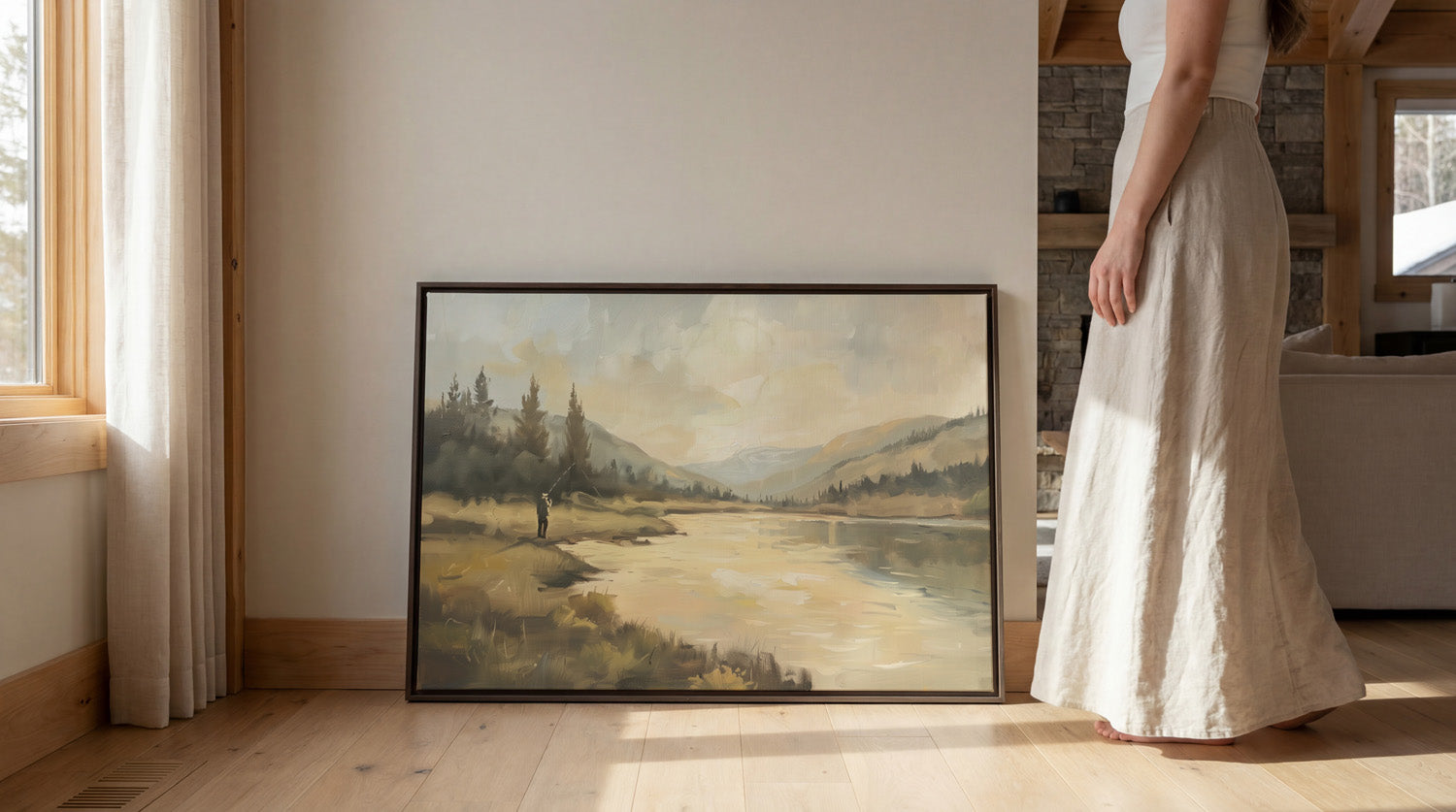 A woman in a long white skirt stands next to a large landscape painting on a wooden floor, with a window and a couch visible in the background.