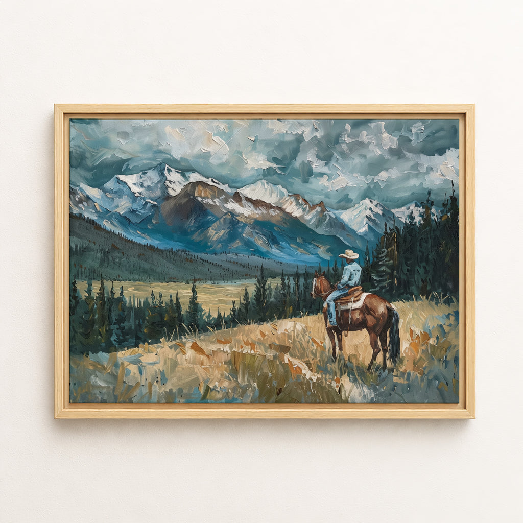 The image is a painting depicting a cowboy riding a horse in a mountainous landscape with snow-capped peaks and a cloudy sky.