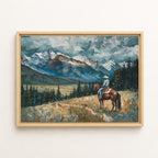 The image is a painting depicting a cowboy riding a horse in a mountainous landscape with snow-capped peaks and a cloudy sky.