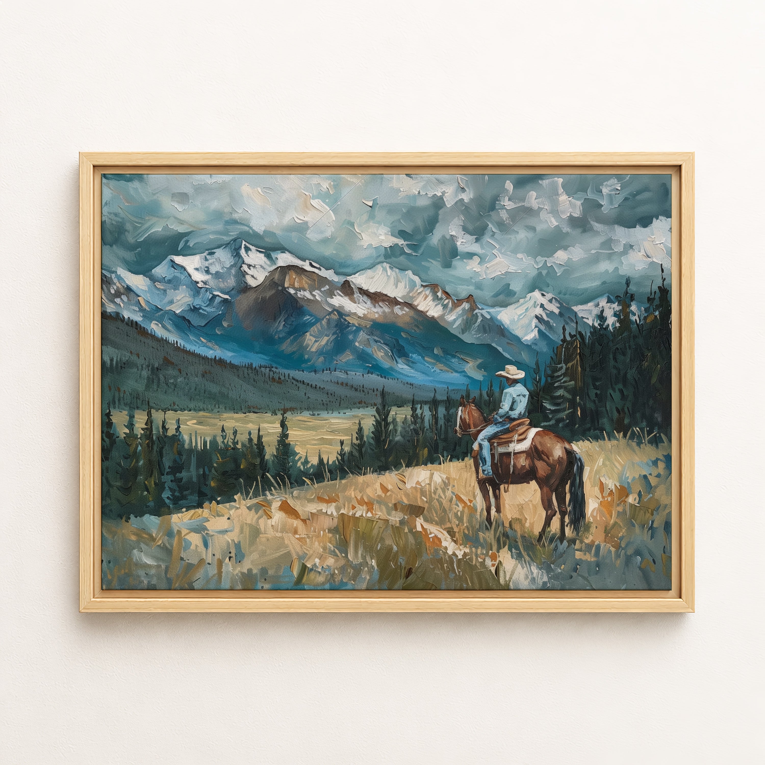 The image is a painting depicting a cowboy riding a horse in a mountainous landscape with snow-capped peaks and a cloudy sky.
