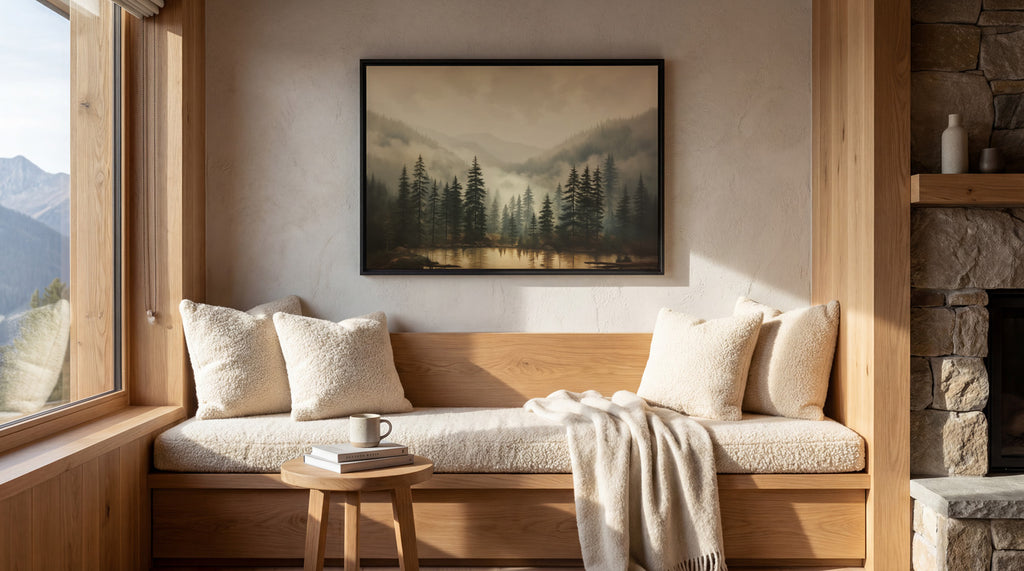 a cozy living room with a large window overlooking a scenic mountain landscape. The room features a wooden bench with plush pillows, a small wooden table with a coffee mug and a book, and a framed landscape painting on the wall.