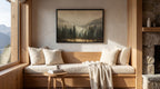 a cozy living room with a large window overlooking a scenic mountain landscape. The room features a wooden bench with plush pillows, a small wooden table with a coffee mug and a book, and a framed landscape painting on the wall.