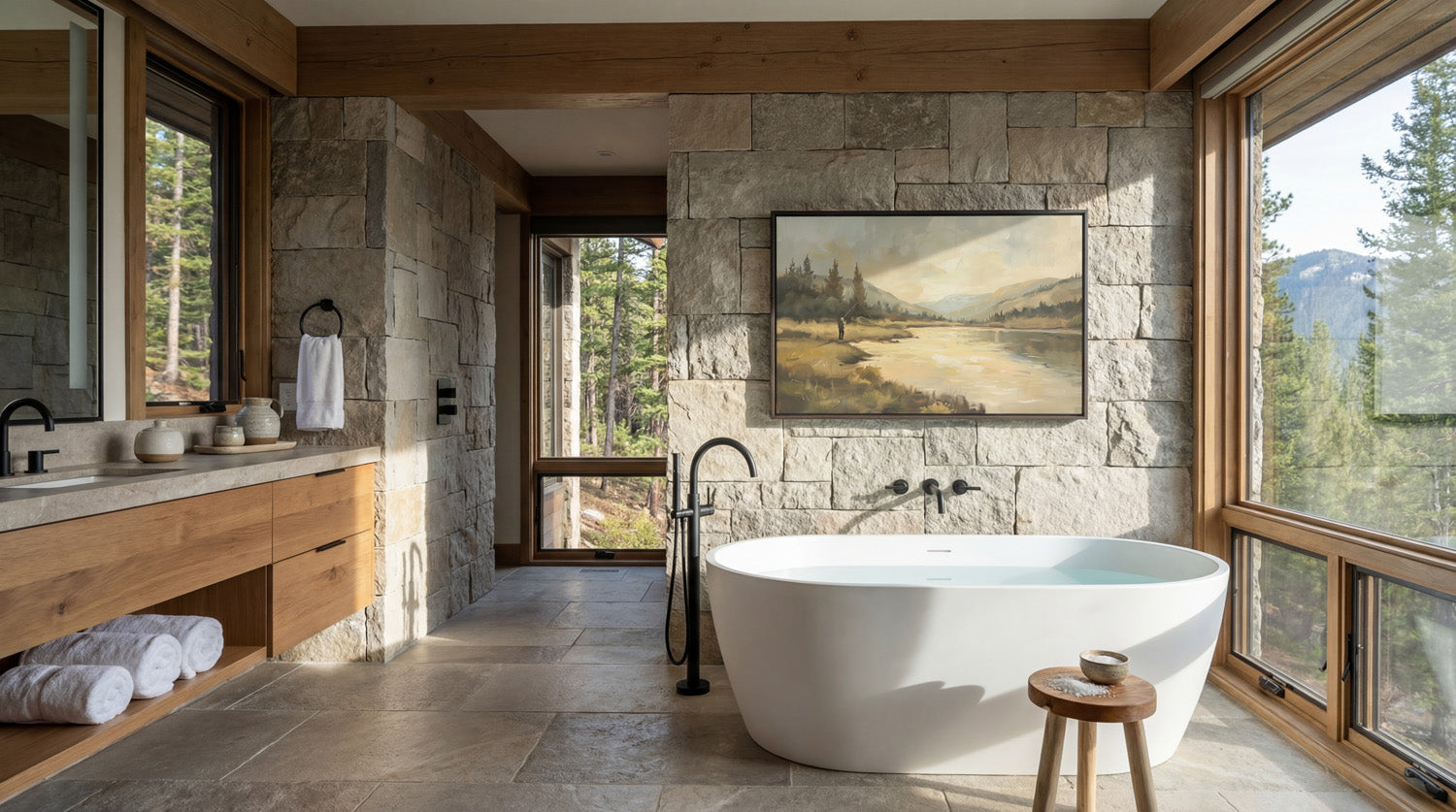 a luxurious bathroom with a large freestanding bathtub, a wooden vanity, stone walls, and a painting of a landscape. The room is illuminated by natural light from the large windows, creating a serene and relaxing atmosphere.